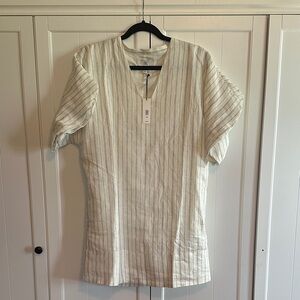 Banana Republic Cream Striped Puff Sleeve Linen Petite Dress
